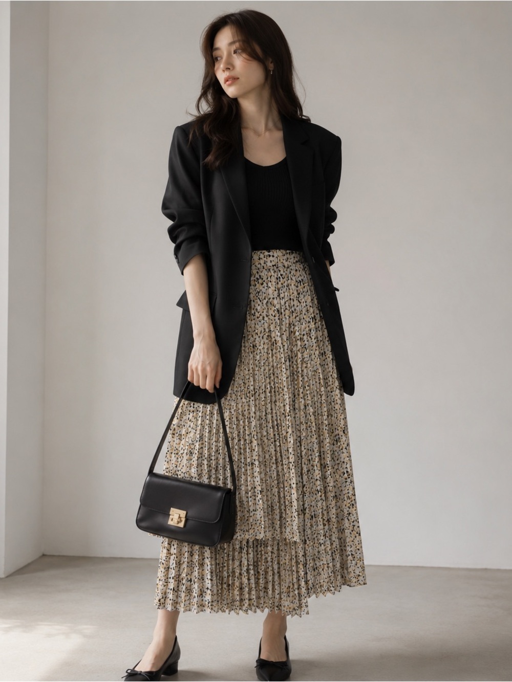 Korean Pleated Floral Midi Skirt High Low Hem Fully Lined Elastic Waist S